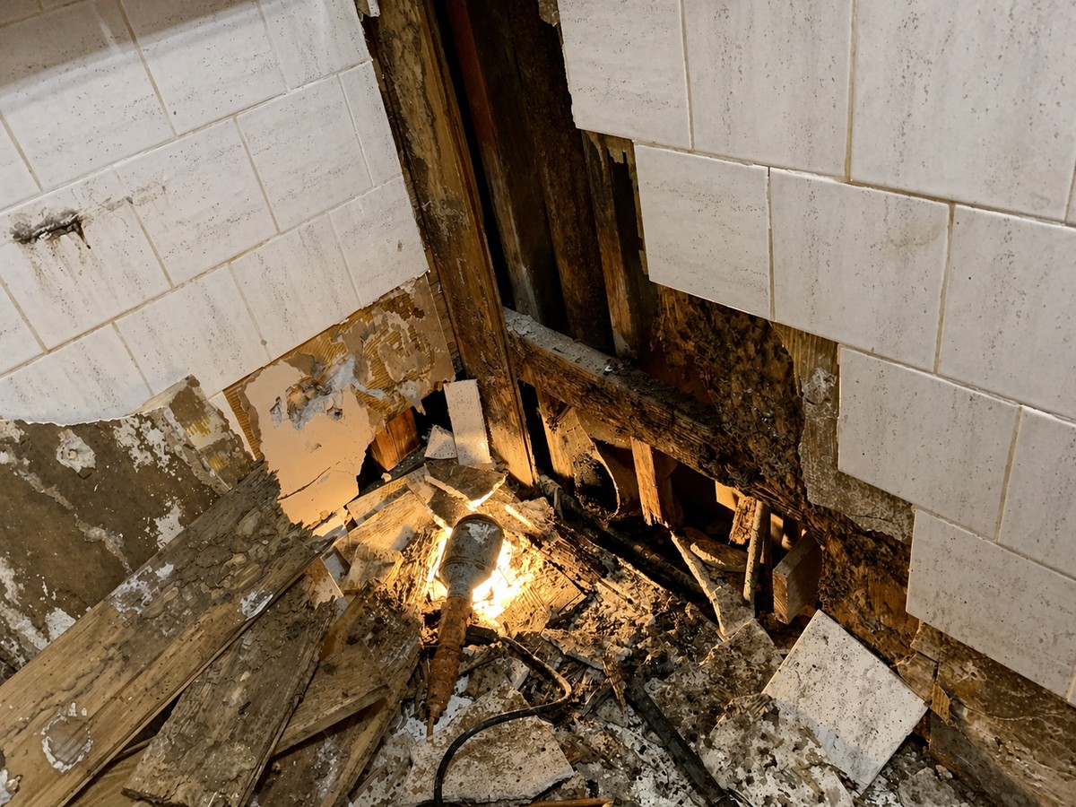 Water-damaged bathroom corner showing rotted wood framing, disintegrated wall tile, and exposed cabinet anchor — extensive structural damage uncovered.