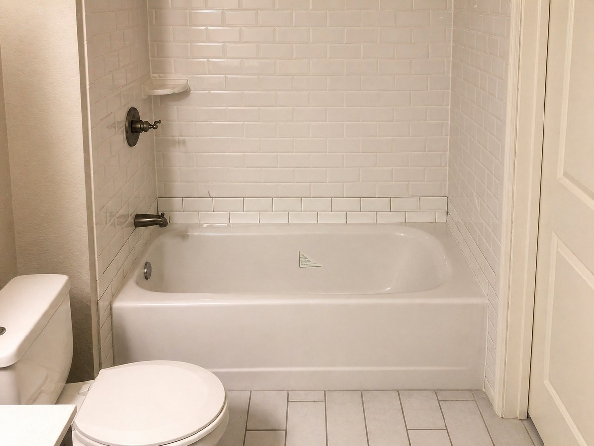 Completed residential bathroom with white subway-tile tub surround, soaking tub, oil-rubbed bronze fixtures, and white plank-tile floor.