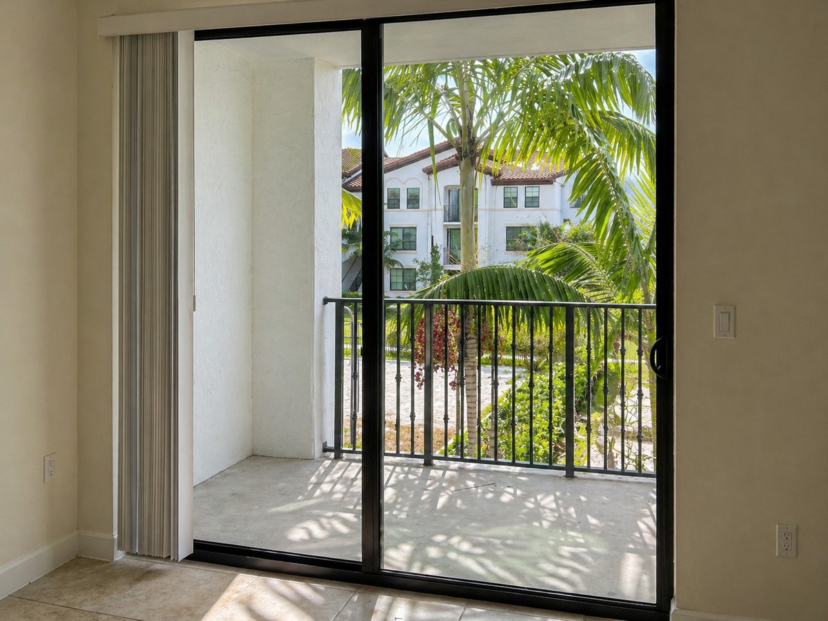 Tall floor-to-ceiling impact-rated sliding glass door installed at condo balcony, palms and Mediterranean building beyond.