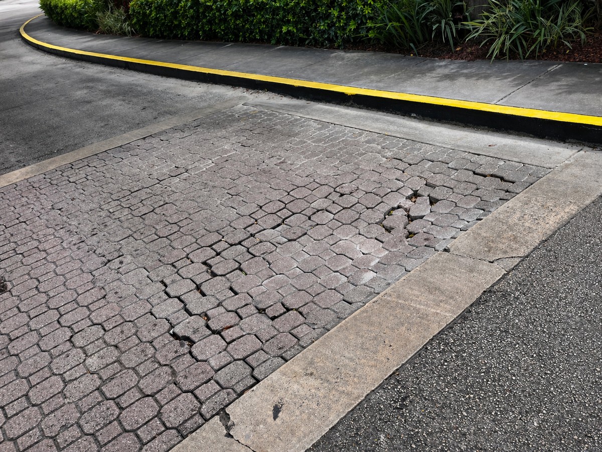 Damaged paver-and-concrete driveway apron with sunken section at a residential entry, yellow curb behind.